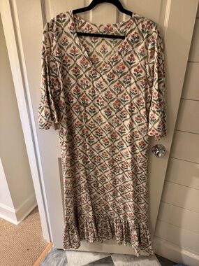 Cream LIVRO Green & Orange Block Print Floral Long Sleeve Maxi Dress